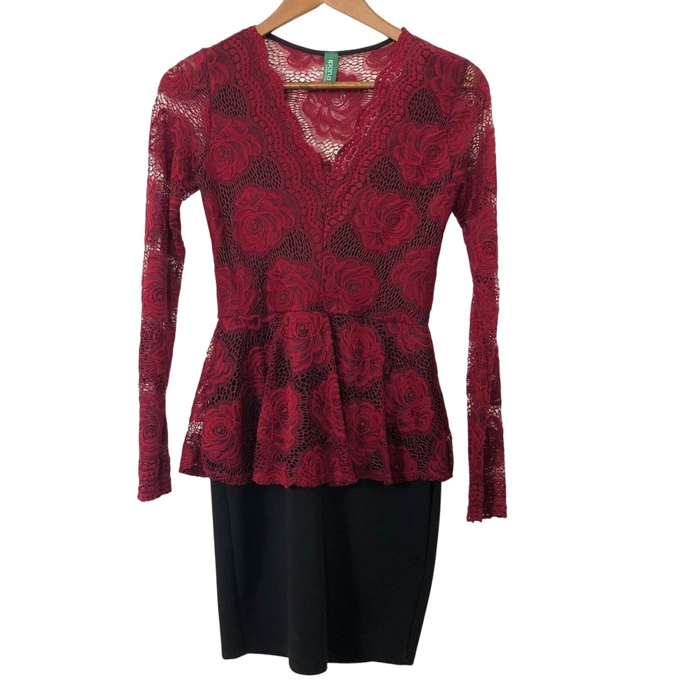 Ipona‎ Collection Burgundy Lace Peplum Mini Dress Rose Dark Romantic Holiday XS